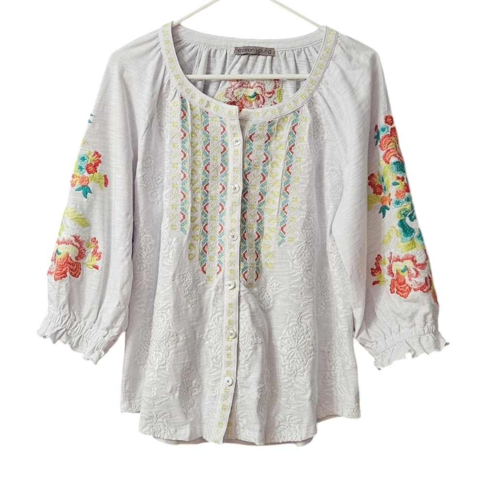 Sharon Young Women's Peasant Top Embroidered Boho See Measurements